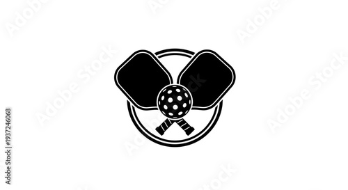 Black and white silhouette of two pickleball paddles and a ball on an isolated white background.