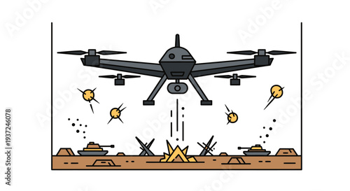Military drone engaged in active combat over a battlefield with explosions and tanks in a bright studio background.
