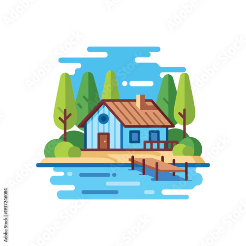 Cozy lakeside cottage house on water with trees and blue sky illustration