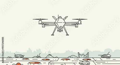 Military drone flying over a battlefield with tanks and explosions in a bright studio background.