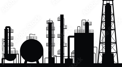 Oil refinery industrial plant silhouette with storage tanks and drilling tower, petrochemical factory infrastructure isolated vector illustration