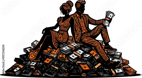 Wealthy Couple Sitting on Dollar Stack Silhouette Vector