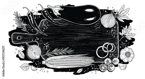 Chalkboard style illustration of vegetables on a wooden cutting board