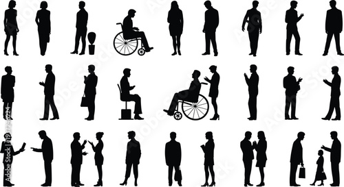 Inclusive silhouettes, diverse people, standing figures, wheelchair icons, conversation poses, child with adult, accessibility design, social interaction, lifestyle vector, community illustration