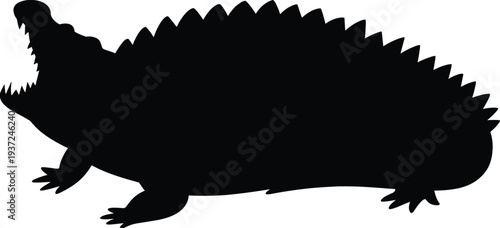 Hybrid animal silhouette, crocodile hedgehog creature, spiky back, imaginative design, surreal artwork, fantasy illustration, creative concept, fictional beast, black artwork illustration