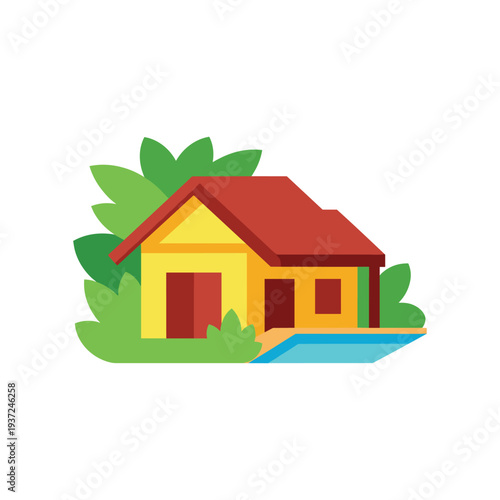 Colorful tropical house on water with lush green leaves and red roof illustration