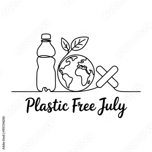 Plastic bottle, planet earth, leaves, and plaster in one continuous line