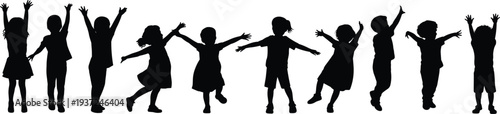 Joyful children silhouettes, playful kids dancing, childhood freedom, community togetherness, happy group activity, energetic youth, fun celebration, carefree lifestyle