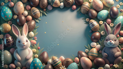 Easter bunnies and colorful eggs framed on blue background  