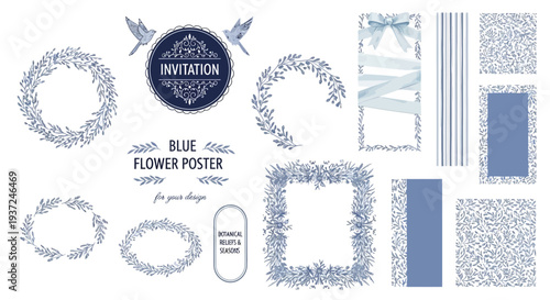 Elegant blue floral invitation card design elements with wreaths and ornaments for wedding decor