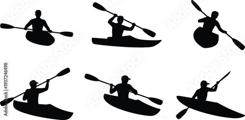 Kayaking silhouette vector illustration, outdoor adventure sport, black figures paddling kayaks, water lifestyle design, minimalist boating art, river lake icon set