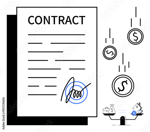 Contract concept. Contract document with digital signature agreement. Contract with coins and balance scales financial transactions and fairness. For legal, finance, business