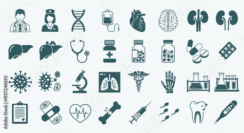 Collection of Medical Icons Representing Healthcare Professionals and Human Organs in a Grid Layout