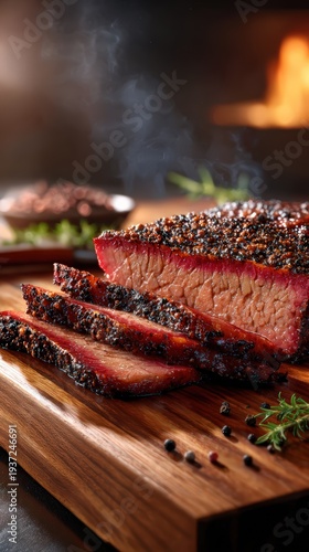 Smoked Brisket Slices on a Wooden Cutting Board with Smoke Fading