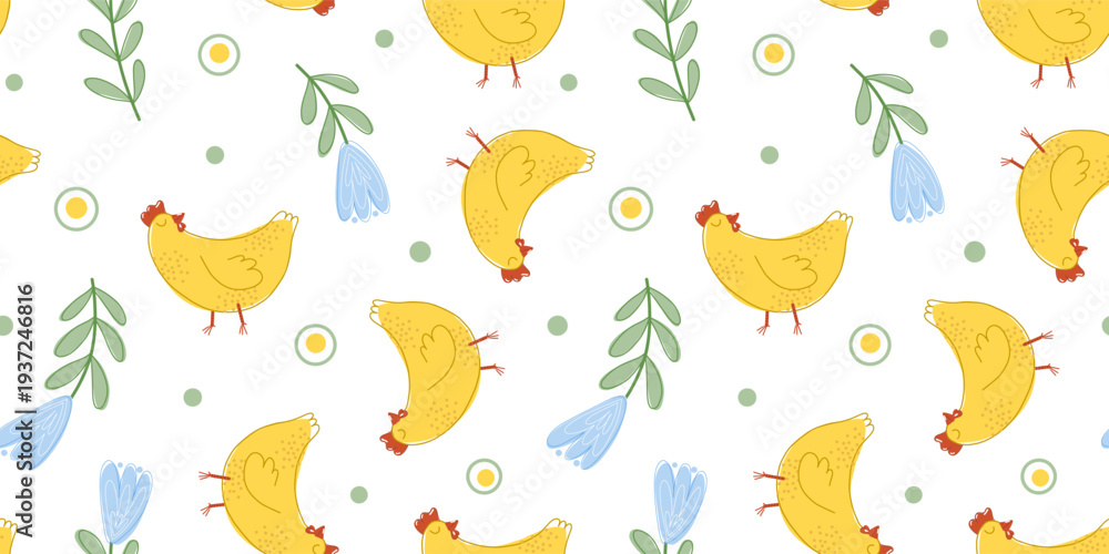 Obraz premium Yellow hens, blue spring flowers and white eggs with yolks seamless pattern on isolated background. Vector illustration in a playful children's style