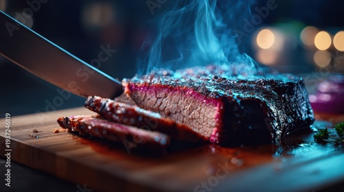 Smoked Brisket Being Sliced on a Cutting Board with Steam Rising