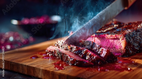 Slicing Delicious Juicy Red Meat on Wooden Board with Smoke