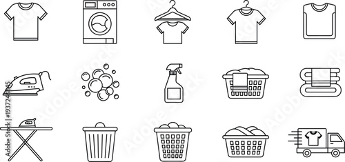 Laundry and Washing Line Icon Set with Clothes, Washing Machine, Iron, Detergent Spray, Basket, Hanger, Folded Towels and Dry Cleaning Delivery Truck