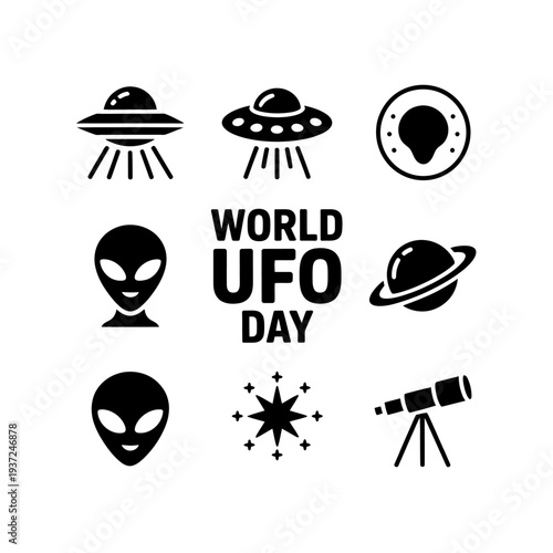 World ufo day icons set, alien, spaceship, planet, telescope and stars symbols