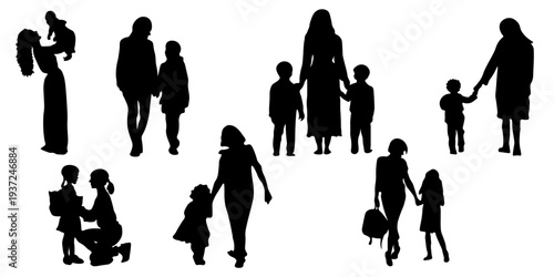 Mother with children silhouettes set, moms with kids, motherhood and parenting vector illustration