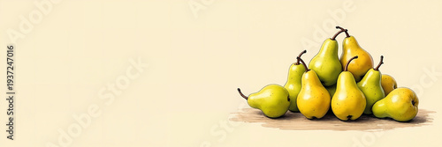 Ultra wide illustration of a piles of fresh fruits arranged on one side with generous copy space, ideal for healthy food advertising, menu designs, and header banners.