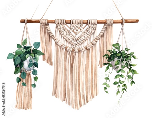 Macrame wall hanging with potted plants; delicate watercolor rendering in warm neutral tones, creates a peaceful atmosphere