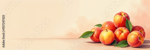 Ultra wide illustration of a piles of fresh fruits arranged on one side with generous copy space, ideal for healthy food advertising, menu designs, and header banners.