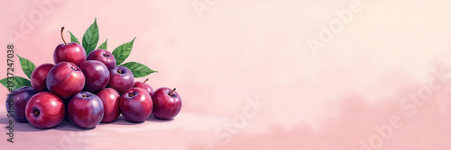 Ultra wide illustration of a piles of fresh fruits arranged on one side with generous copy space, ideal for healthy food advertising, menu designs, and header banners.