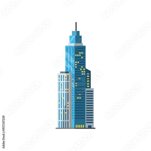 Modern skyscraper at dusk with illuminated windows urban cityscape blue glass