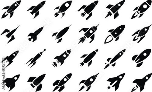 Set of 20 black rocket ship icons vector