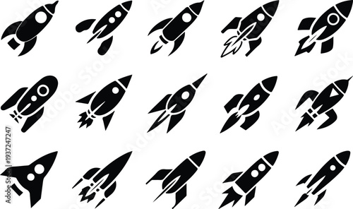 Set of 15 black rocket ship icons vector