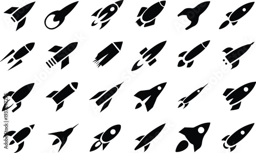 Set of 25 black rocket ship icons vector
