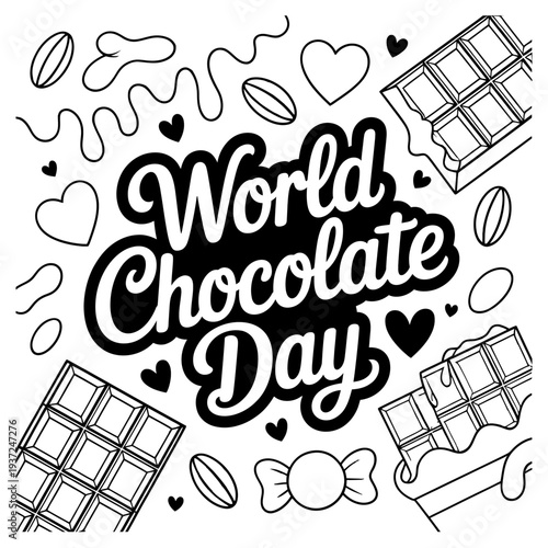 World chocolate day lettering with cacao beans and chocolate bars