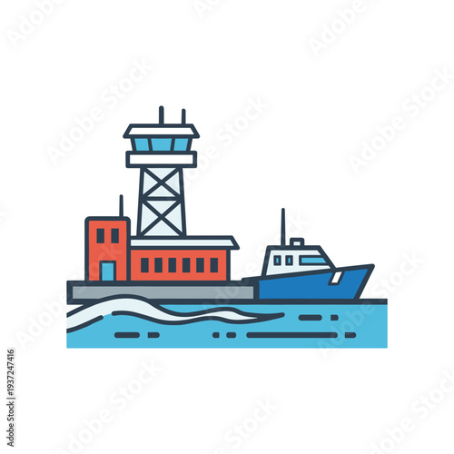 Modern lighthouse and cargo ship at sea with waves vector illustration