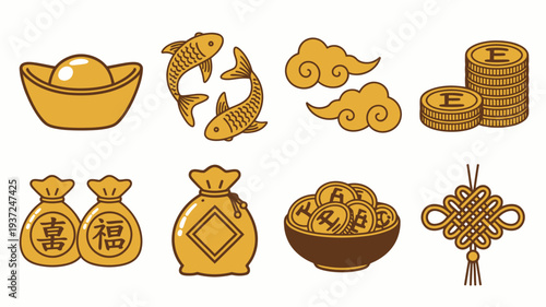 Collection of golden Chinese New Year symbols including lucky coins, gold ingots, gift bags, fish, clouds, and knot ornaments, symbolizing prosperity and good fortune