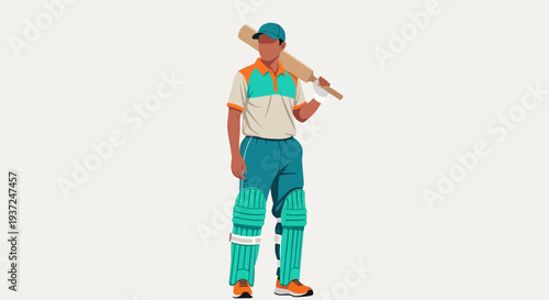 Cricketer standing confidently with bat, wearing protective gear, on a cricket pitch, vector illustration, sportsman in action
