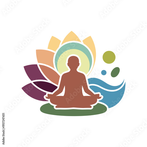 Silhouette meditation yoga pose chakra energy balance colorful aura illustration