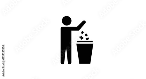 Minimalist flat vector illustration of a person throwing trash into a bin icon.