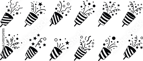 Firework rocket icons collection set, celebration fireworks burst symbols, party pyrotechnics elements, festive vector illustration