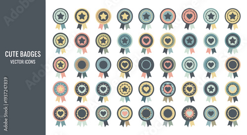 Collection of colorful badges and ribbons on a white background, showcasing various designs and shapes