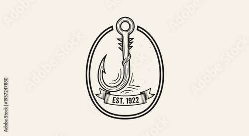 Vintage Fishing Hook Emblem Illustration. Hand-drawn classic oval badge with textured details, water ripples, and an established banner design.