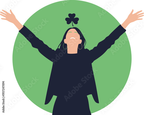 A minimalist digital illustration of a woman with arms raised in celebration, with a shamrock above her head, symbolizing luck and joy on a green background
