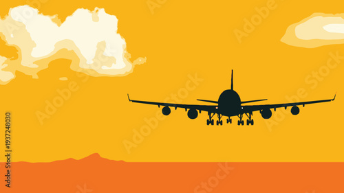 Silhouette of a large passenger airplane preparing to land against a vibrant orange sky with clouds and a distant landscape in the background