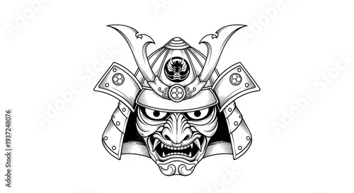 Fierce Traditional Japanese Samurai Warrior Helmet and Mask Vector Illustration. Ancient Asian Martial Art Culture Headgear.