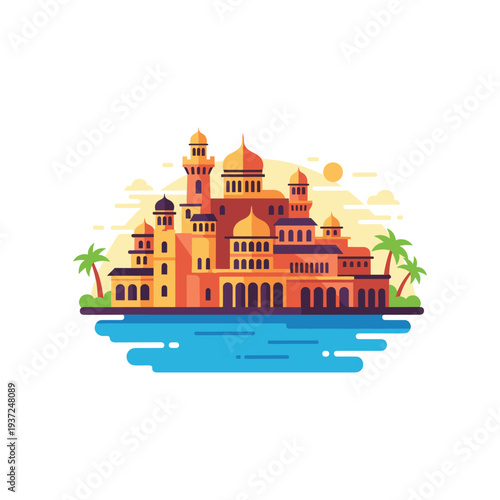 Luxury palace illustration by water with sunset golden glow and tropical trees