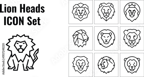 A collection of nine black and white lion head icons varying in mane style on transparent background silhouette