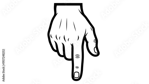 Hand pointing down with index finger, black and white illustration, isolated on white background