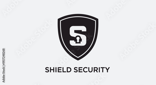Modern black shield icon with stylized letter S and padlock symbol, representing data protection, cyber security, and safeguard.