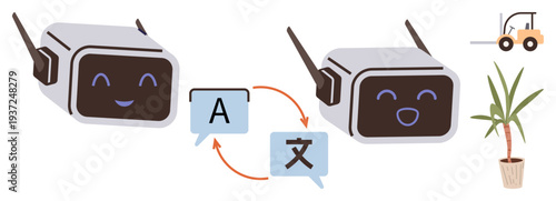 Language learning, AI interaction, communication tools, translation services, tech advancements, multilingual support. Two chatbots and translation symbols. Language learning and AI interaction
