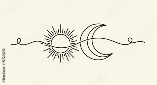 Minimalist Sun and Moon Line Art Illustration. Celestial harmony symbol, continuous line drawing, boho style aesthetic design.